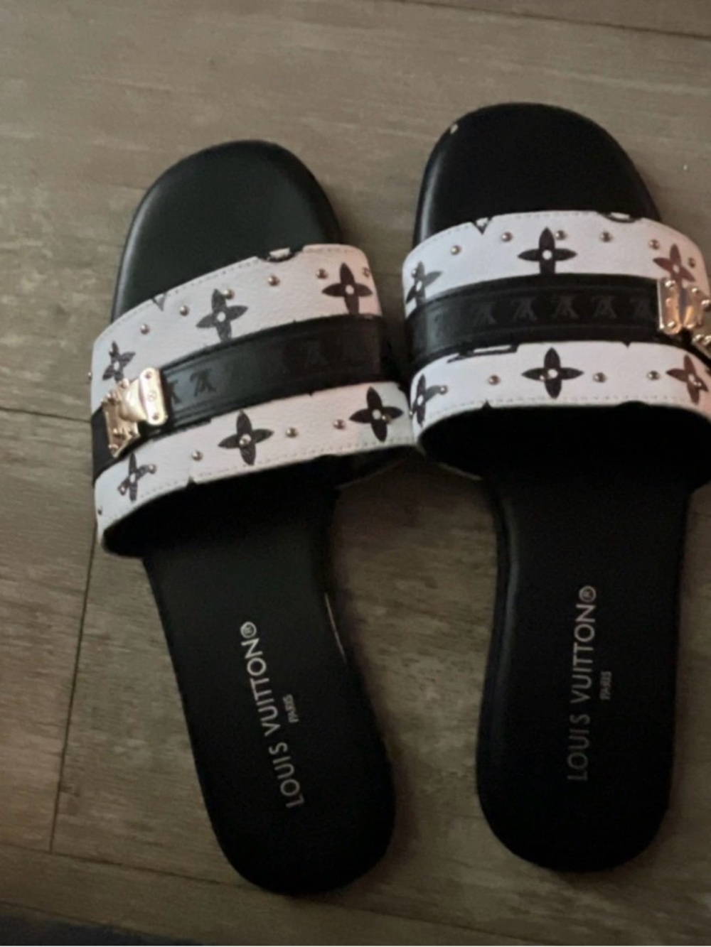 Louis Vuitton Black And White Monogram Slide Mules